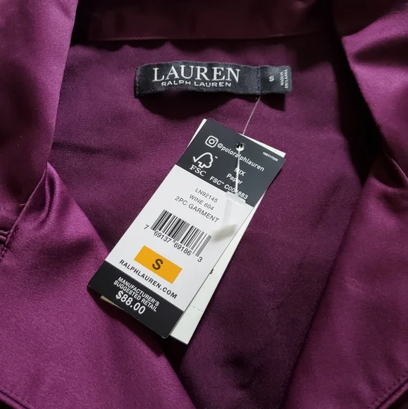 Lauren Ralph Lauren Satin Pajama Set Notch Collar Shirt & Wide Leg Pant Wine S - Picture 7 of 7